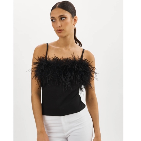Lamarque Yarina Feather Trimmed Top Black Ostrich Feathers Size L - Picture 4 of 6